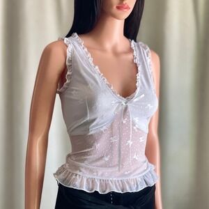 White Sheer Mesh‎ Bow Polka Dot Ruffle Tank Top Coquette Balletcore Fairycore M